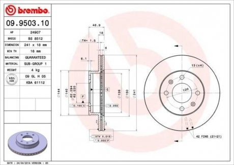 Диск гальмівний BREMBO 09.9503.10 (фото 1)