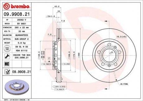 Гальмівний диск BREMBO 09.9908.21 (фото 1)