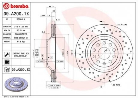 Гальмівний диск BREMBO 09.A200.1X