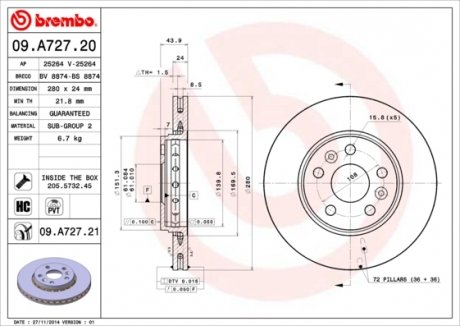 Диск гальмівний BREMBO 09.A727.21