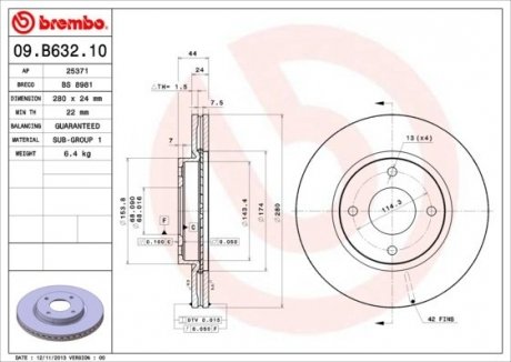 Диск тормозной NISSAN TIIDA 1.5-1.8 07-,CUBE 1.5 1.6 2010- передн. BREMBO 09.B632.10