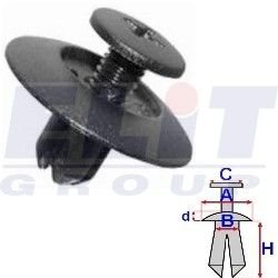 Дюбель бампера (к-т:10 шт) размер:A = 19,3mm/B = 6mm/C = 10,2mm/d = 1,8mm/H = 8,8mm ELIT R B22158