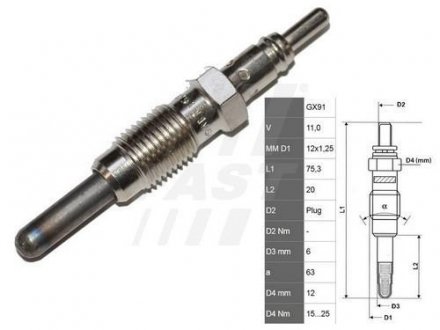 Свічка розжарювання FIAT Doblo 00-13, Punto 03-10, Palio 96-20 FAST FT82728