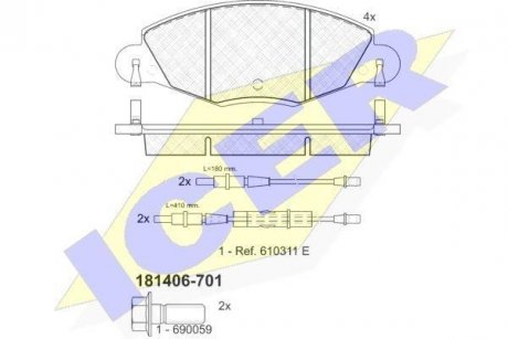 Колодки гальмівні (передні) Citroen С5 01- (+датчики) ICER 181406-701