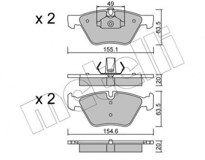 Колодки гальмівні (передні) BMW 3 (E90/E91/E92) 07-13/5 (E60/E61) 03-10/X1 (E84) 09-15 Metelli 22-0557-0