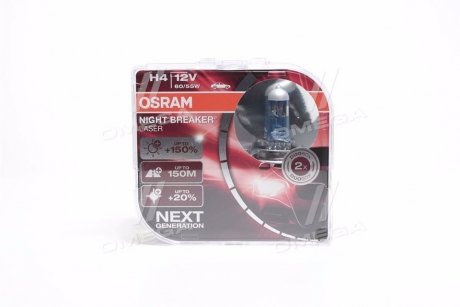 Лампа фарна H4 12V 60/55W P43t NIGHT BREAKER LASER next generation (+150) комплект (вир-во) OSRAM 64193NL-HCB