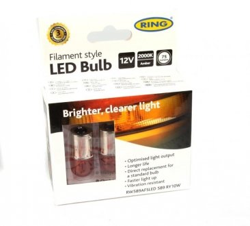 Автолампа RY10W 12V 10W BAU15s Filament LED (2000K/75 lm/3x Long Life) Amber (2шт.) Ring RW589AFSLED