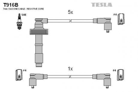 Кабель запалювання к-кт Safrane II 96-00 2,5 20V, Volvo 91-02 850,S70,V70 2,0 TESLA T916B