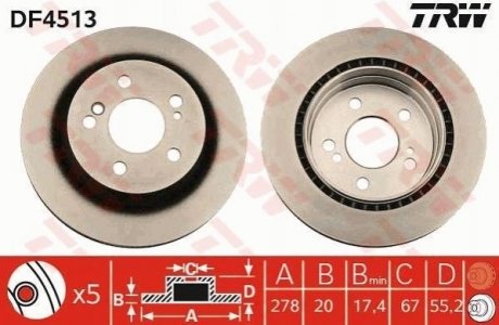Диск гальмівний (1 шт.) MERCEDES C(W203)/E(S124)/SLK(R171) "R D=278mm "89-11 TRW DF4513