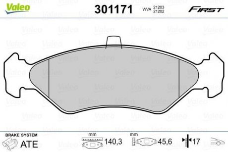 Гальмівні колодки дискові FORD Fiesta "1,0-1,8 "F "89-08 Valeo 301171 (фото 1)