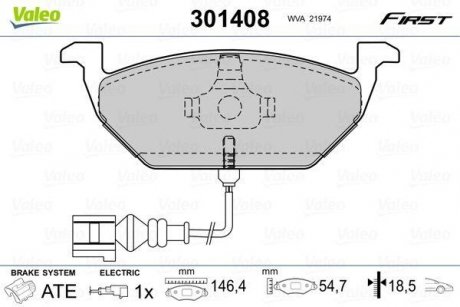 Гальмівні колодки дискові VAG A2/A3/Fabia/Octavia/Bora/Caddy/Golf/Jetta/Polo "1,0-2,5 "F "96>> Valeo 301408