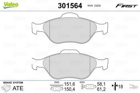 Гальмівні колодки дискові FORD/MAZDA Fiesta/Fusion/Ka/Puma/Street/121/2 "1,25-1,8 "F "95-12 Valeo 301564 (фото 1)