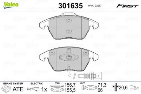 Гальмівні колодки дискові VAG A1/A3/TT/Fabia/Octavia/Caddy/CC/Golf/Jetta/Passat "1,0-3,6 "F "99>> Valeo 301635