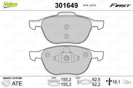 Гальмівні колодки дискові FORD/MAZDA/VOLVO Focus/Kuga/3/5/C30/C70/S40/V40/V50 "1,0-2,5 "F "03>> Valeo 301649