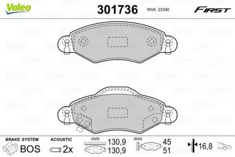 Гальмівні колодки дискові TOYOTA Yaris "1,0-1,4 "F "99-05 Valeo 301736 (фото 1)