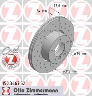 Диск гальмівний (передній) BMW 3 (E90/E91/E93) 05-11/X1 (E84) 09-(312x24) (з покриттям) (з отворами) (вент) ZIMMERMANN 150.3467.52