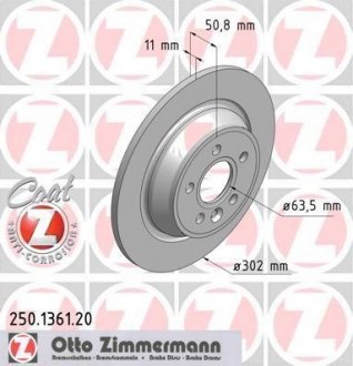 Диск гальмівний (задній) Ford Focus/Galaxy/Kuga/Mondeo 08-/Range Rover 11- (302x11) (з покриттям) ZIMMERMANN 250.1361.20